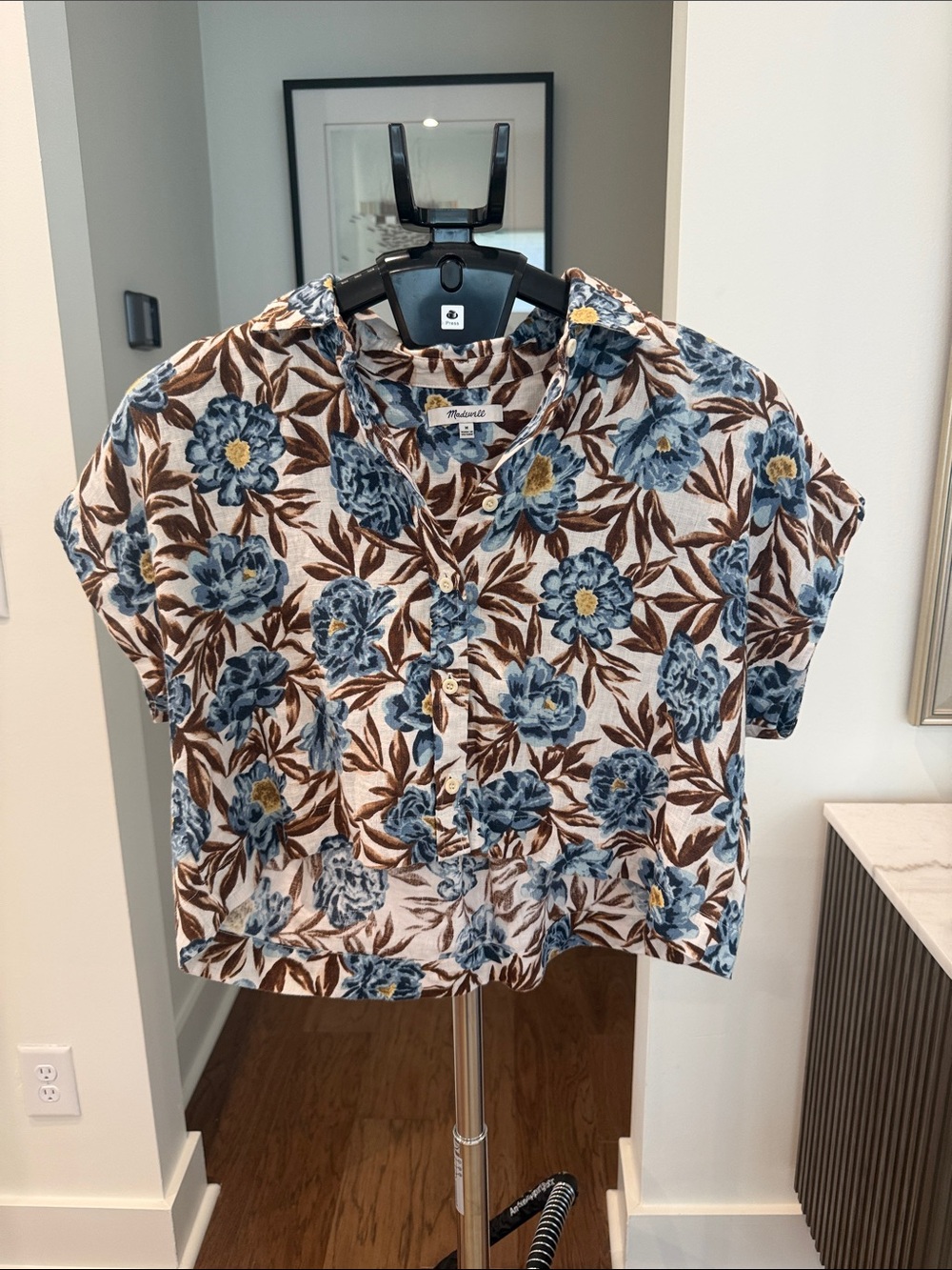 Madewell Blue and Brown Floral Short Sleeve Button-Front Shirt